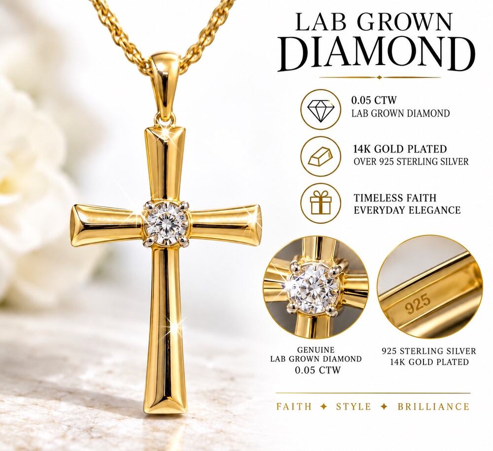 NWT LabGrown Diamond Cross Necklace 0.05 CTW 14K Gold Plated 925 Sterling Silver